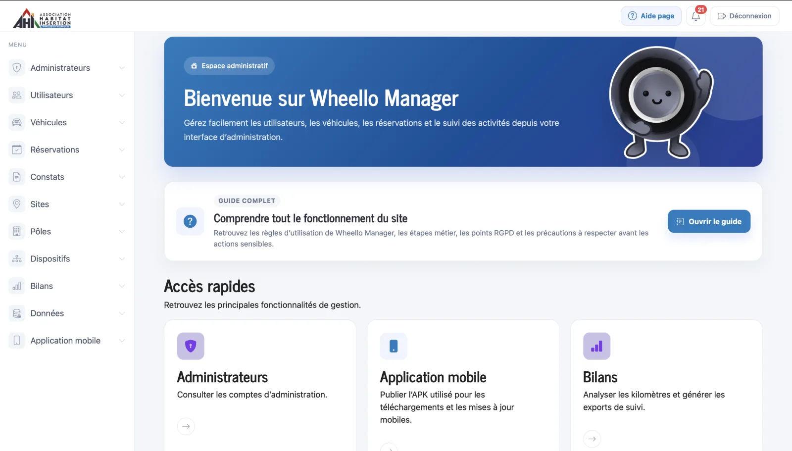 Aperçu de l'application métier Wheello